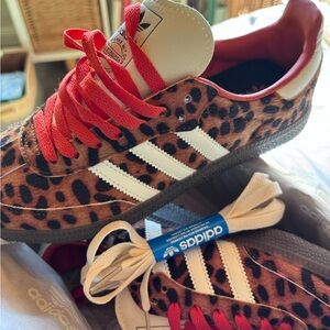 adidas Leopard-Print OG Samba Sneakers with Red Laces and White Stripes NIB